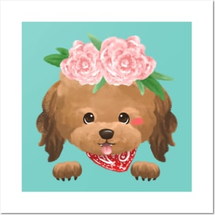 Brown Poodle wearing carnation flower headband Posters and Art